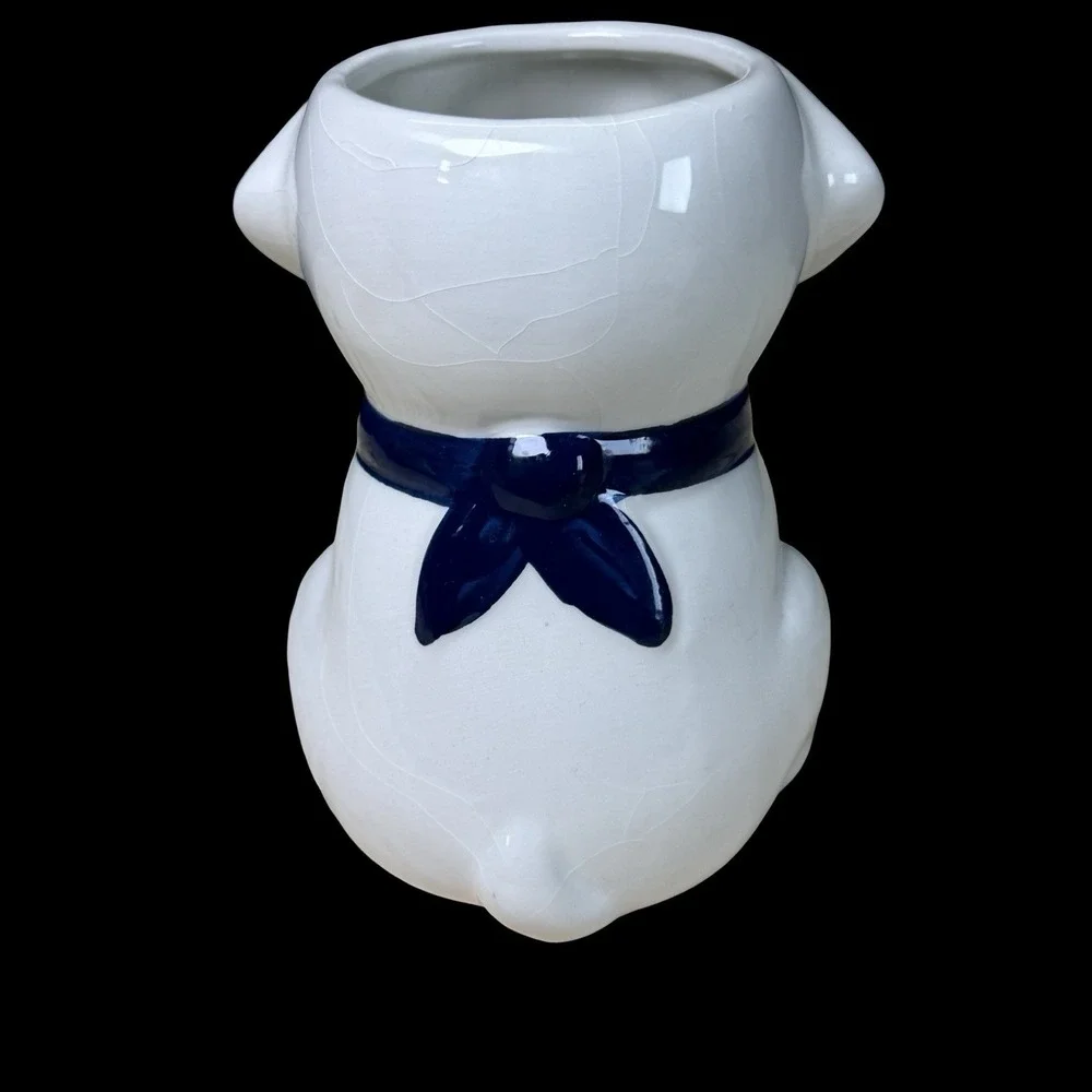 Lowe's Dog Planter Ceramic Puppy Pot Succulent Holder White Blue Decor READ